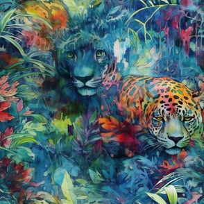 Watercolor Wild Cats, Jaguars, Leopards in a Blue Tropical Jungle