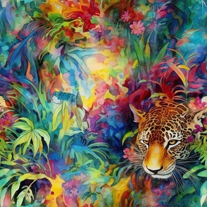 Watercolor Wild Cats, Jaguars, Leopards in a Vibrant Tropical Jungle