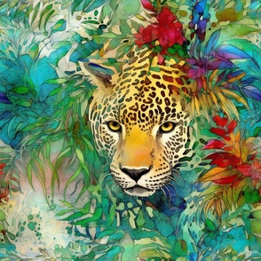 Watercolor Wild Cats, Jaguars, Leopards Close Up in a Tropical Jungle