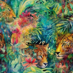 Watercolor Wild Cats, Jaguars, Leopards in a Lush Tropical Jungle