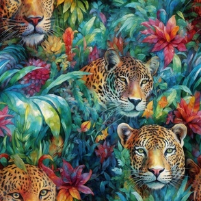 Watercolor Wild Cats, Jaguars, Leopards in a Blue and Pink Tropical Jungle