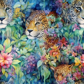 Watercolor Wild Cats, Jaguars, Leopards in a Soft Tropical Jungle