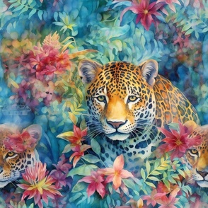 Watercolor Wild Cats, Jaguars, Leopards in a Bright Blue Tropical Jungle
