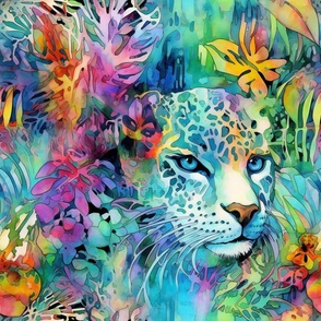 Watercolor Wild Cats, Jaguars, Leopards in a Stunning Tropical Jungle