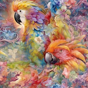 Watercolor Parrot Parrots and Flowers in Fantasy Colors