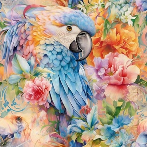 Watercolor Parrot Parrots and Flowers in Light Pink and Blue Colors