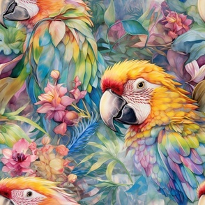 Watercolor Parrot Parrots and Flowers in Rainbow Pastel Colors