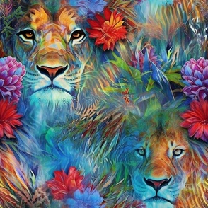 Watercolor Lion Lions with Aqua Blue Jungle Colors
