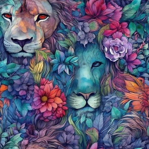 Watercolor Lion Lions with Pink Flowers and Aqua Blue Jungle Colors