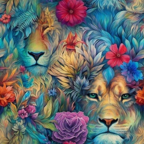 Watercolor Lion Lions with Pink, Blue, and Purple Flowers in an Aqua Jungle