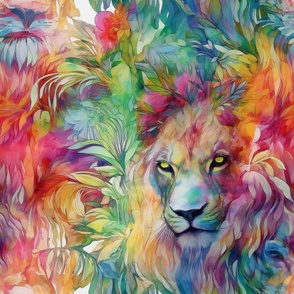 Watercolor Lion Lions with Rainbow Flowersin a Tropical Jungle