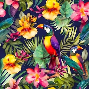 Tropical Flowers, Birds & Leaves - Colorful Hawaii Watercolor Painting