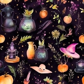 Halloween Aesthetic Whimsical Witchcraft Watercolor - Witchy Things & Pumpkins
