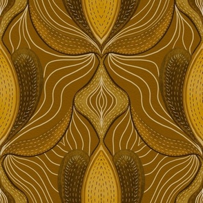 Art nouveau Flowing petals with Shashiko effect faux stitches and textures in earthy hues  hues 12”repeat