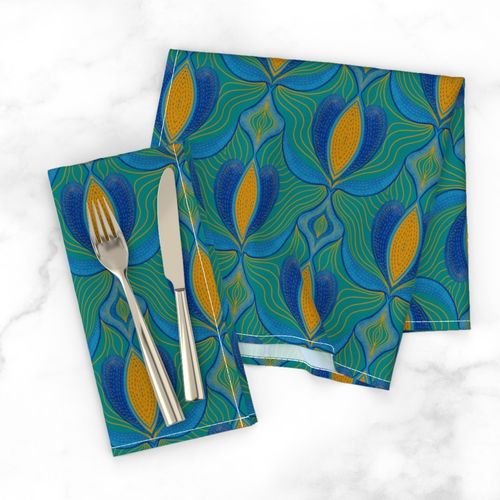 Art nouveau Flowing petals with Shashiko effect faux stitches and textures teal, blue and jonquil yellow  6”repeat