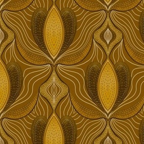 Art nouveau Flowing petals with Shashiko effect faux stitches and textures in earthy hues  hues 6”repeat