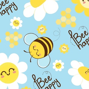 bee happy cute bees and daisy flowers blue design - (size Large) - home decor - kids and babies -  nursery. 