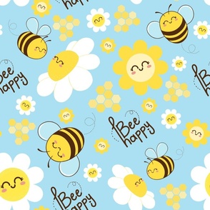 bee happy cute bees and daisy flowers blue design - (size medium) - home decor - kids and babies -  nursery. 