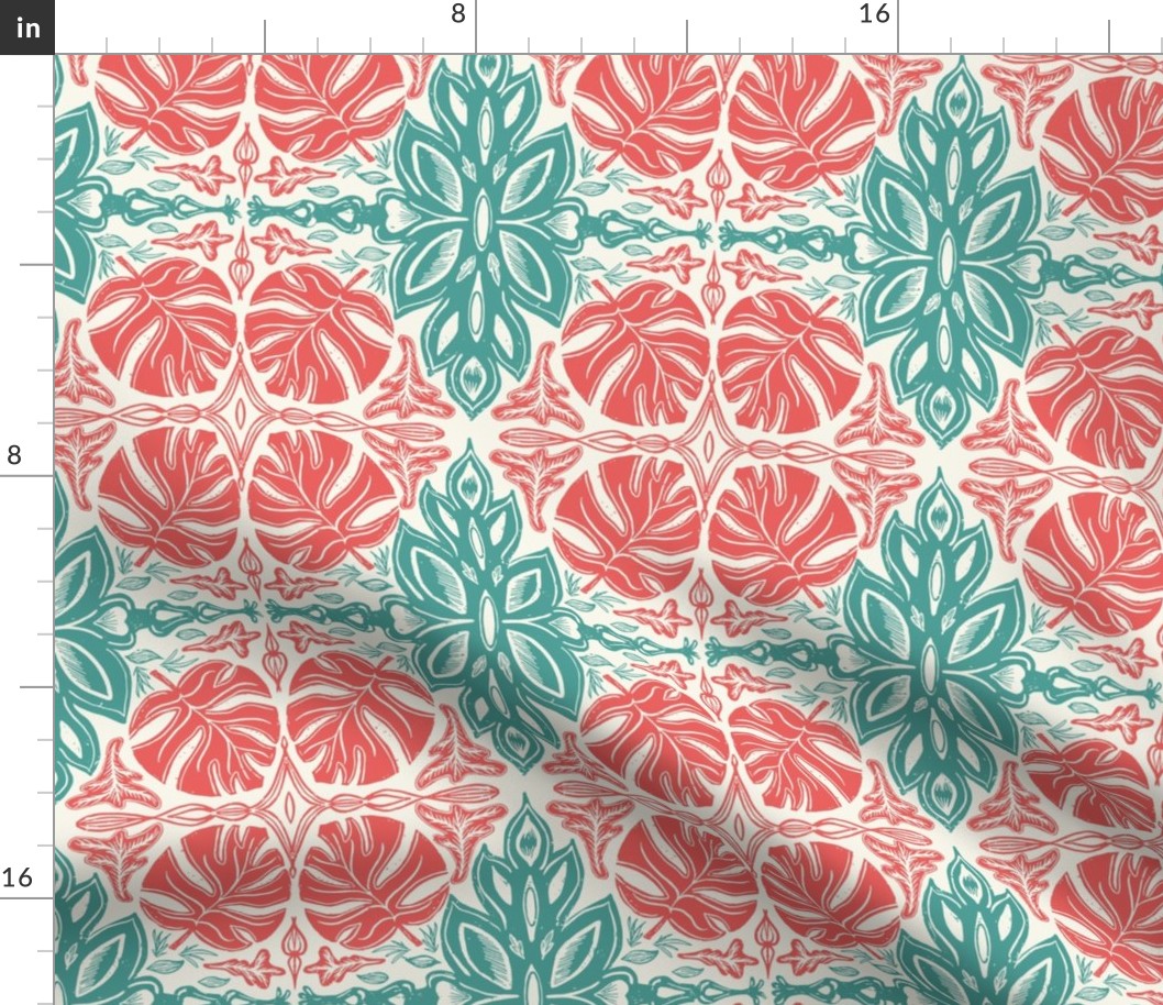 Tropical monstera leaves damask block print in Caribbean teal and coral pink