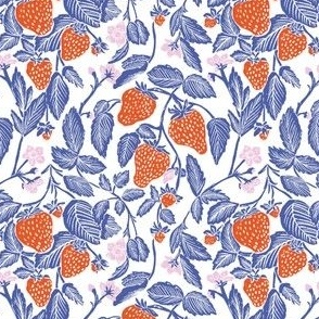 Strawberry vine country cottage block print  red white and blue with pink flowers