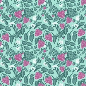Strawberry vine country cottage block print  whimsical purple, teal and mint 