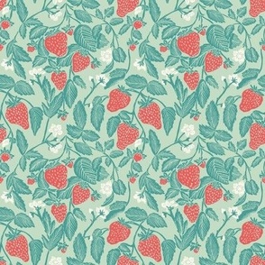 Strawberry vine country cottage vintage block print in garden sage green and berry red 