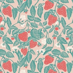 Strawberry vine country cottage vintage block print in red,  green and tan 