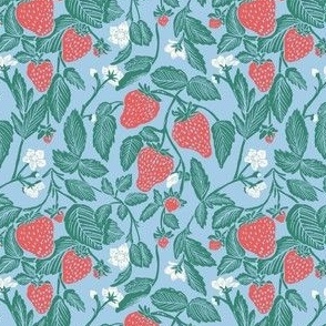 strawberry vine country cottage vintage block print periwinkle blue berry red and forrest green