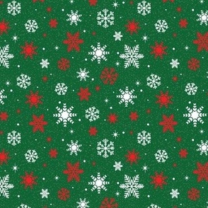 Small - Red and White Winter Snowflakes on Emerald Green with Texture