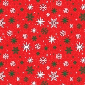 Small - White and Emerald Green Winter Snowflakes on Crimson Red with Texture