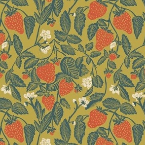 strawberry vine country cottage retro 1970s vintage block print olive green and tomato red