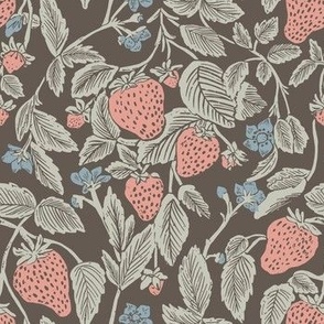 Strawberries and vines country cottage vintage block print in faded sage green, berry red, periwinkle blue and mocha brown 