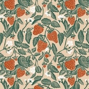 Strawberry vines country cottage vintage block print in berry red, forrest green and cream 