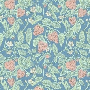 strawberry vines country cottage vintage block print in faded blue red and green