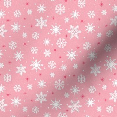 Small - White Winter Snowflakes on Carnation Pink with Texture and Pink Stars 