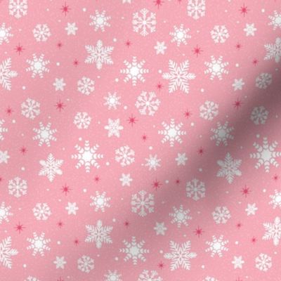 Small - White Winter Snowflakes on Carnation Pink with Texture and Pink Stars