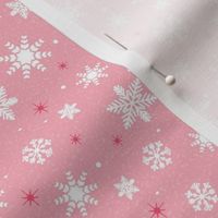 Small - White Winter Snowflakes on Carnation Pink with Texture and Pink Stars 