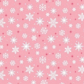 Small - White Winter Snowflakes on Carnation Pink with Texture and Pink Stars 