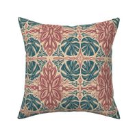 Tropical monstera leaves damask vintage block print in crimson read and dark jade teal  