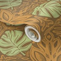 Tropical monstera leaves damask vintage block print in sage gold and brown 