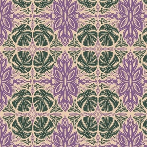 Tropical monstera leaves damask vintage block print in dark sage green and lavender