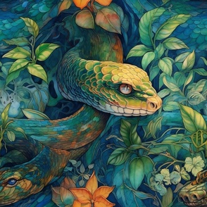 Watercolor Snake Snakes in Lush Jungle with Soft Green Colors