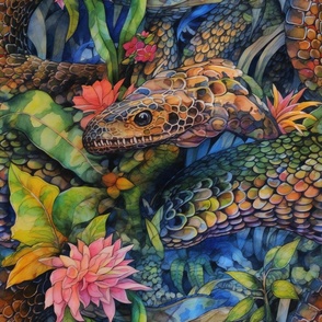 Watercolor Snake Snakes in Lush Jungle with Pink Flowers