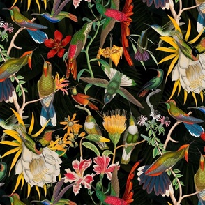 Tropical Hummingbird Flower Paradise Exotic Summer Pattern On Black Medium Size