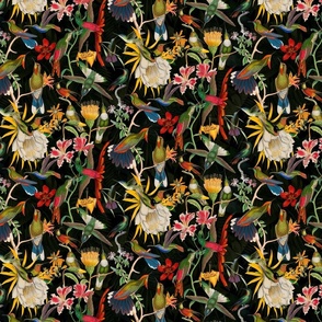Tropical Hummingbird Flower Paradise Exotic Summer Pattern On Black Extra Smalle