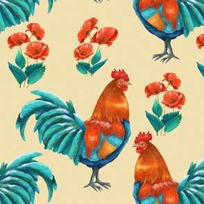 Multi-colored roosters walk in flowers 