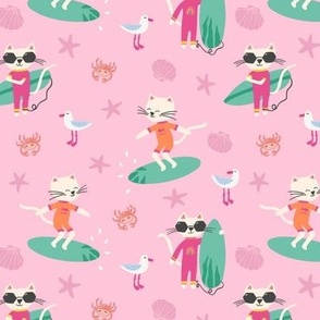 Fun Colourful Cats at the Beach on Pink Background