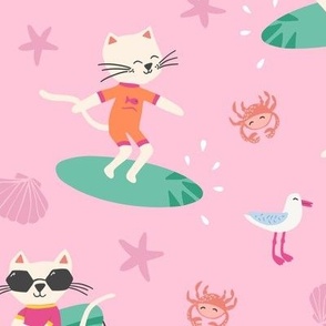 Fun Colourful Cats at the Beach on Pink Background Large Scale
