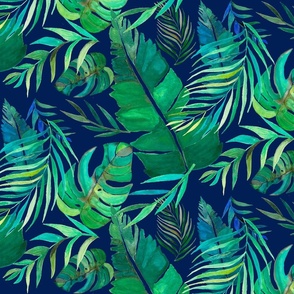Watercolor Tropical Leaves Collection on Navy Blue