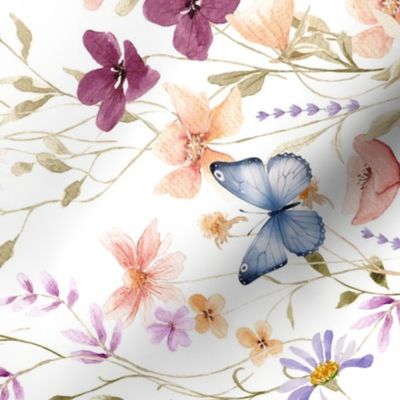 Mae's Wildflowers Lg – Watercolor Floral, Spring Flower Butterfly Garden (white) ROTATED